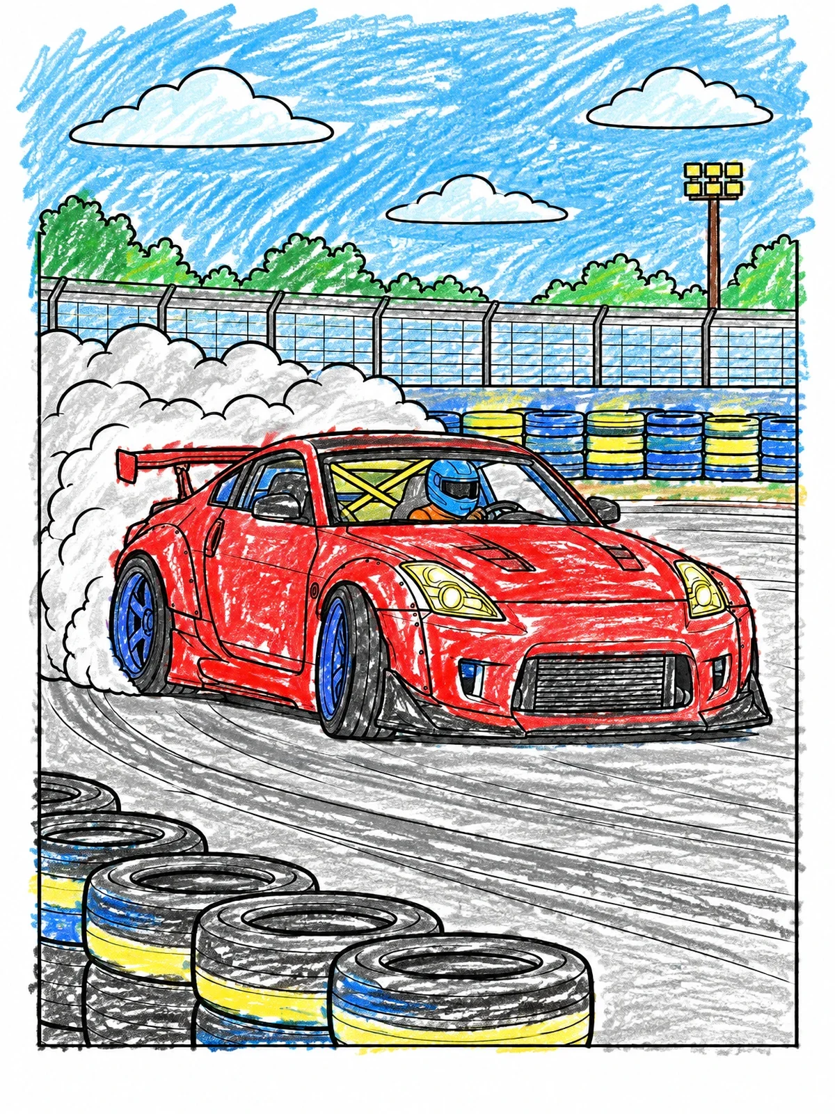 Colored example of the Sports Car Drifting On Racetrack coloring page