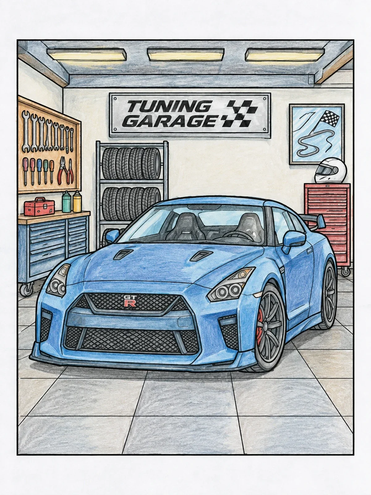 Colored example of the Sports Car In Tuning Garage coloring page