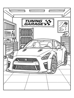 A powerful sports car parked in a workshop on this detailed sports coloring page.