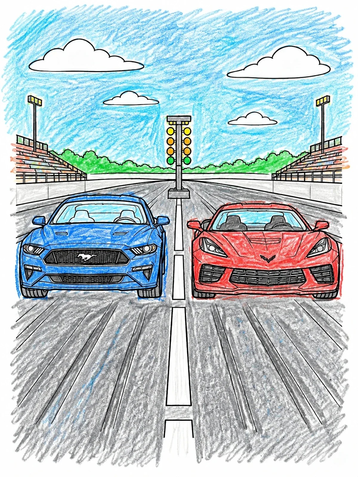 Colored example of the Sports Cars On Drag Strip coloring page