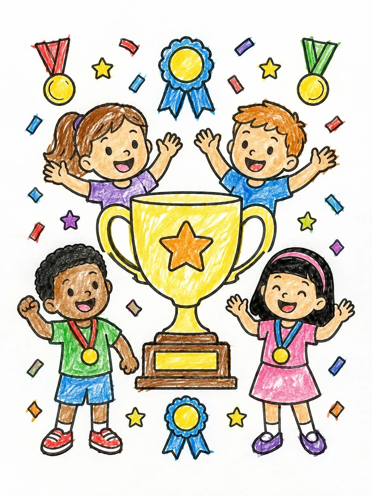 Colored example of the Children Celebrating With Trophy Cup coloring page