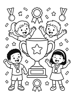 Free printable Children Celebrating With Trophy Cup coloring page