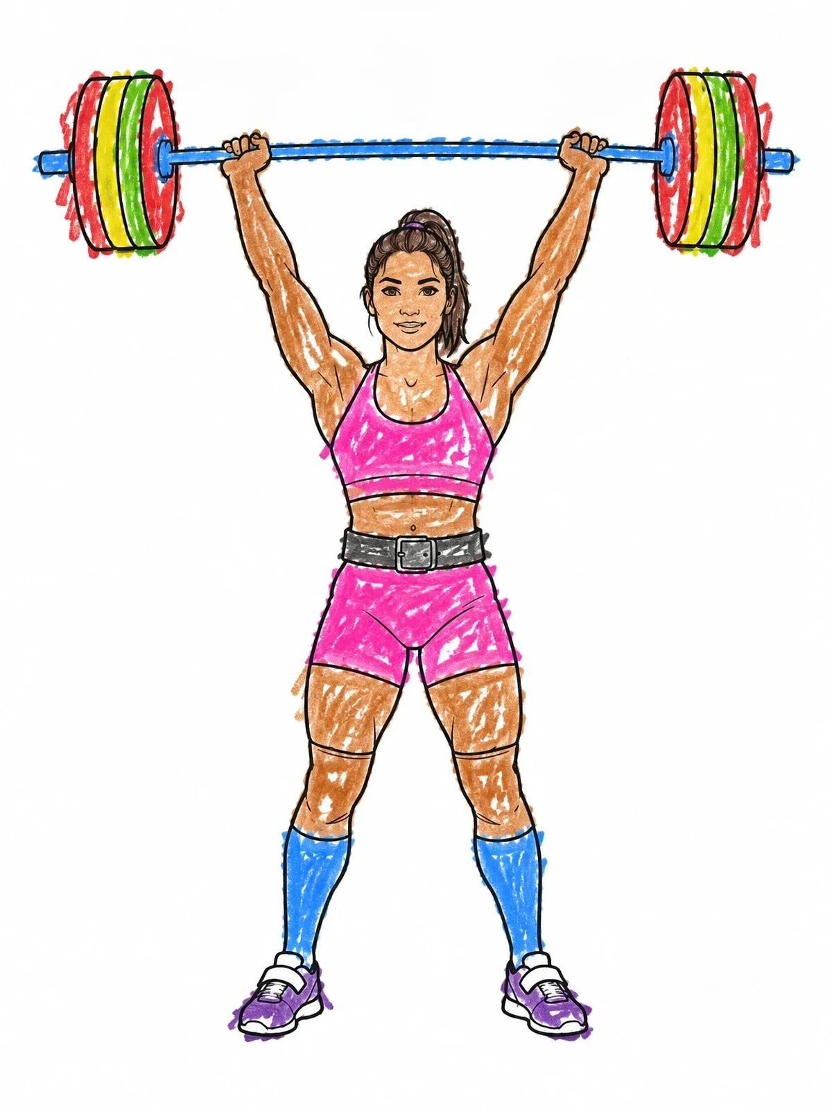 Colored example of the Female Weightlifter Overhead Barbell Press coloring page