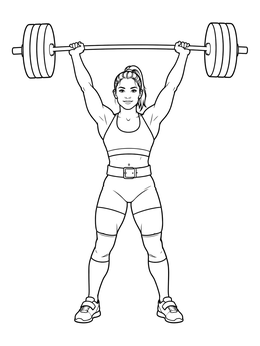 A strong female weightlifter holding a barbell overhead in this sports coloring page.