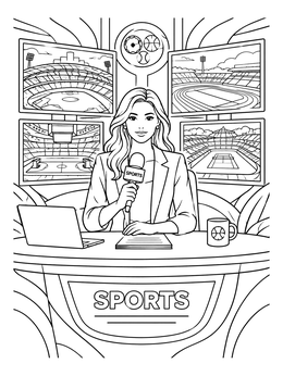 A sports journalist coloring page showing a female reporter at her studio desk with screens.