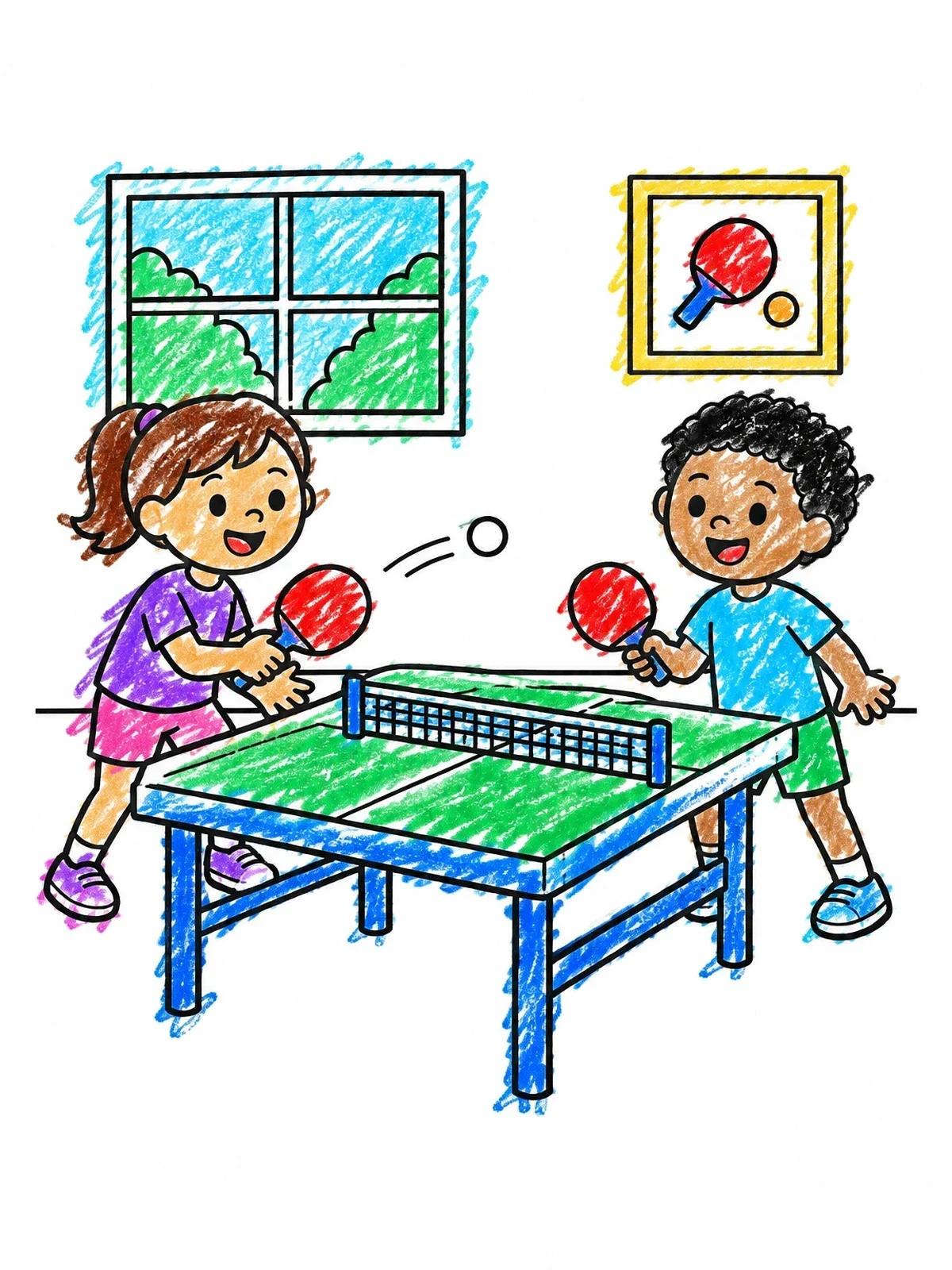 Colored example of the Children Playing Table Tennis Indoors coloring page