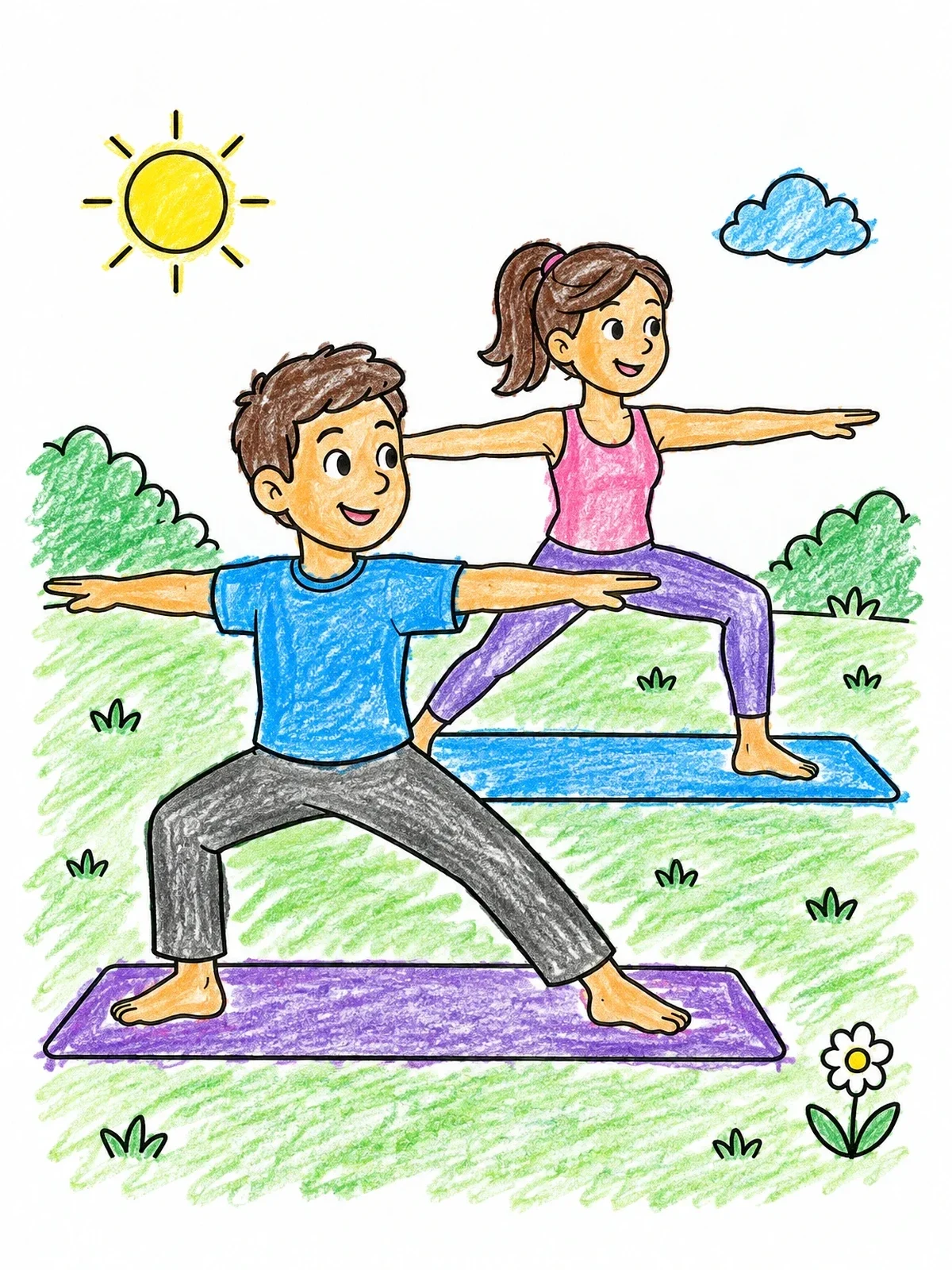 Colored example of the Kids Practicing Outdoor Warrior Yoga Pose coloring page
