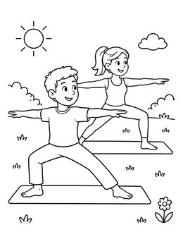 Free printable Kids Practicing Outdoor Warrior Yoga Pose coloring page