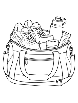 A sports coloring page featuring an open gym duffel bag packed with running shoes, a water bottle, and a snack.