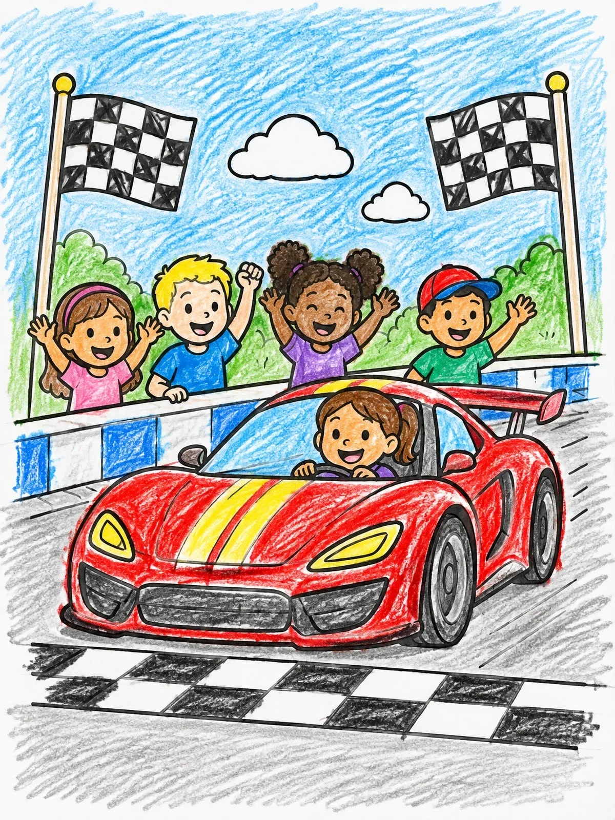 Colored example of the Race Car Crossing The Finish Line coloring page