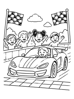 A girl drives a race car past cheering fans in this sports coloring page.