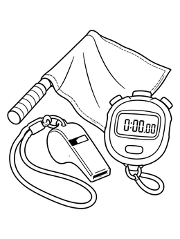 Sports coloring page featuring a referee whistle with lanyard, a digital stopwatch, and a penalty flag.