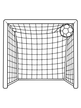 A soccer ball hitting the top corner of the net in this sports coloring page.