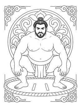 A powerful sumo wrestler squatting inside a dohyo ring on this sports coloring page.