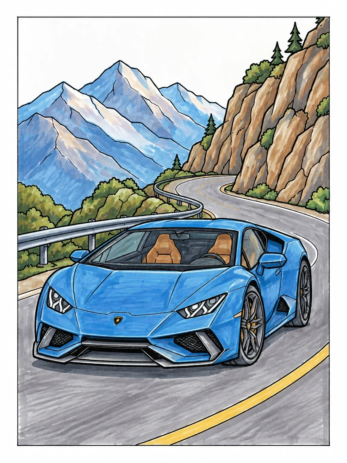 Colored example of the Supercar On A Winding Mountain Road coloring page