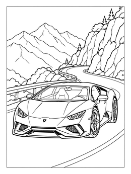 A sports coloring page showing a sleek supercar driving along a scenic mountain highway.