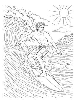 A surfer rides a curling wave on this realistic sports coloring page under the sun.