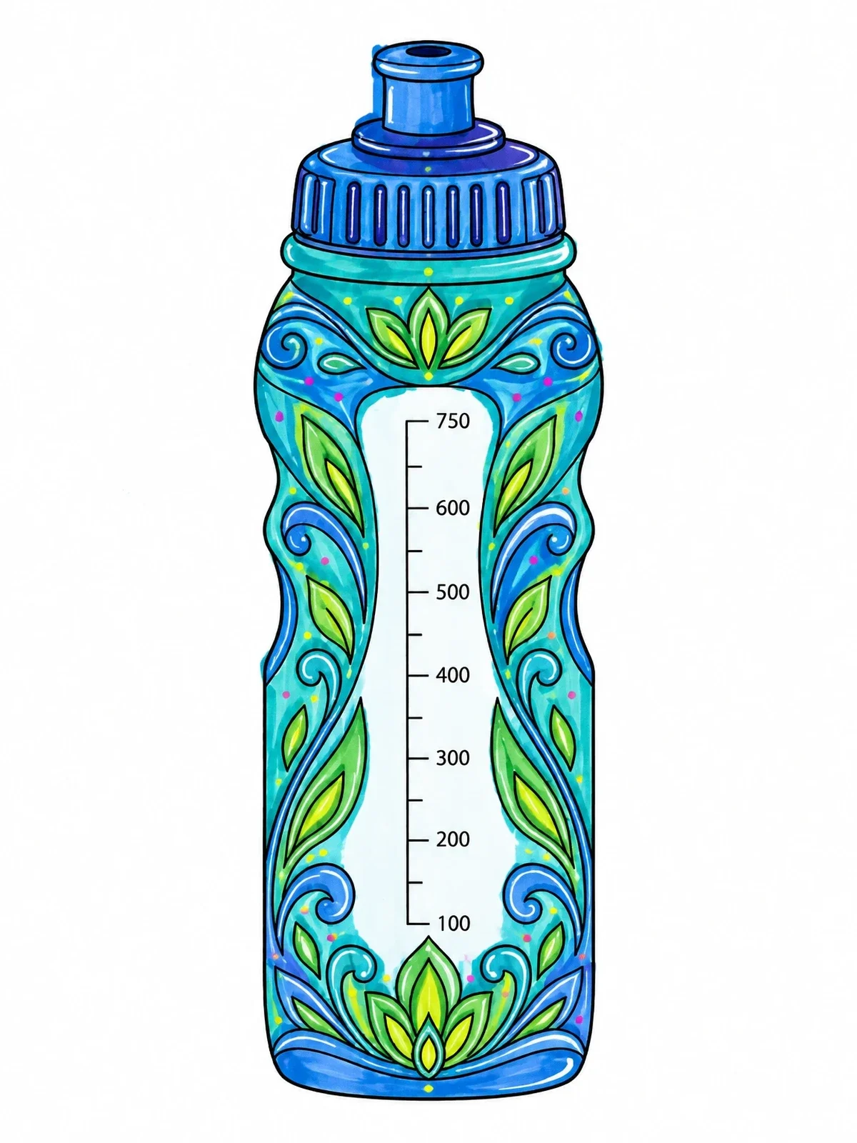 Colored example of the Sports Water Bottle With Patterns coloring page