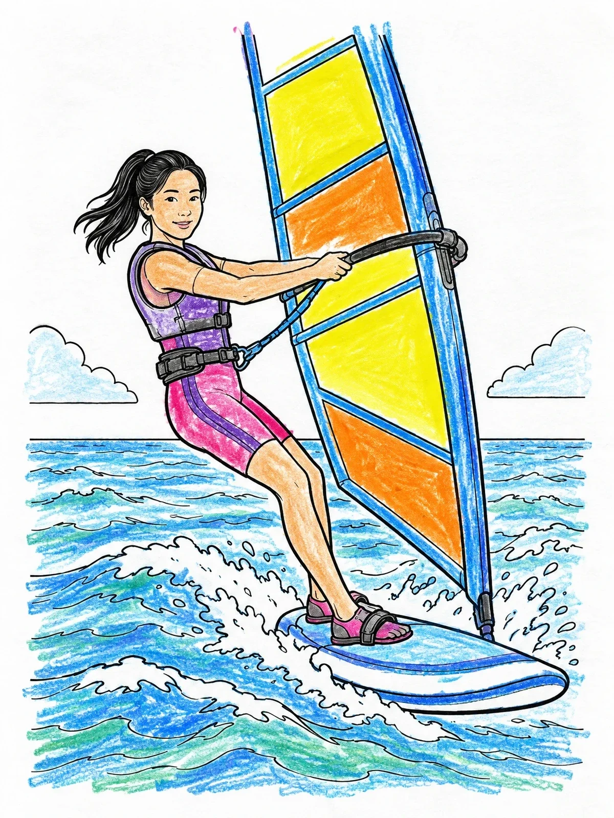 Colored example of the Windsurfer Gliding Over Ocean Waves coloring page