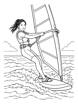 A windsurfer glides across the water on this sports coloring page.