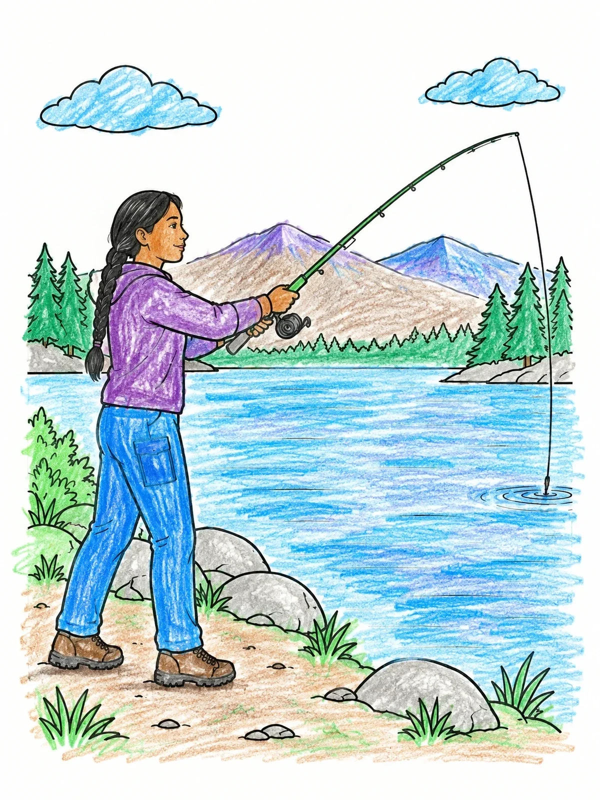 Colored example of the Young Girl Fishing By The Mountain Lake coloring page