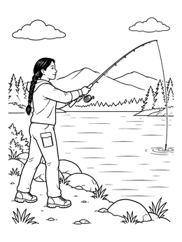 A girl enjoys nature with this sports coloring page by casting a fishing rod into a calm lake.