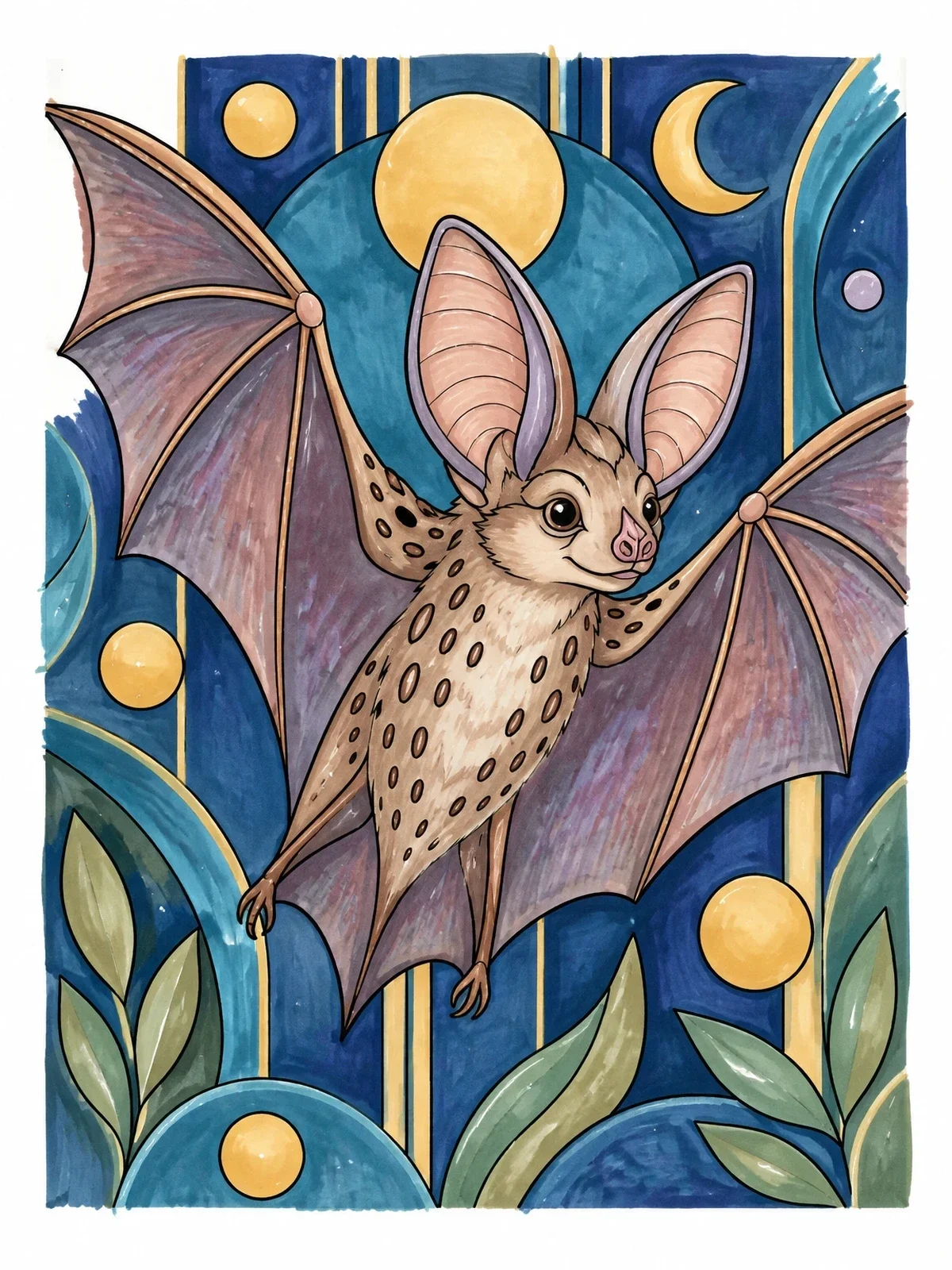 Colored example of the Spotted Bat In Art Deco Night coloring page