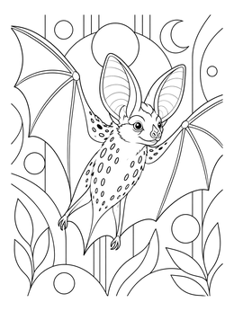 A spotted bat coloring page with big ears flying amidst geometric night sky patterns and a crescent moon.