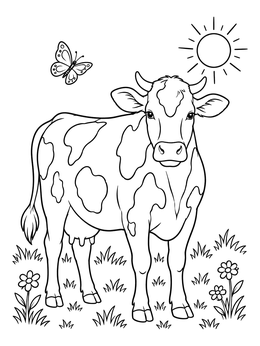 A spotted dairy cow coloring page featuring a meadow, butterfly, and bright sun.