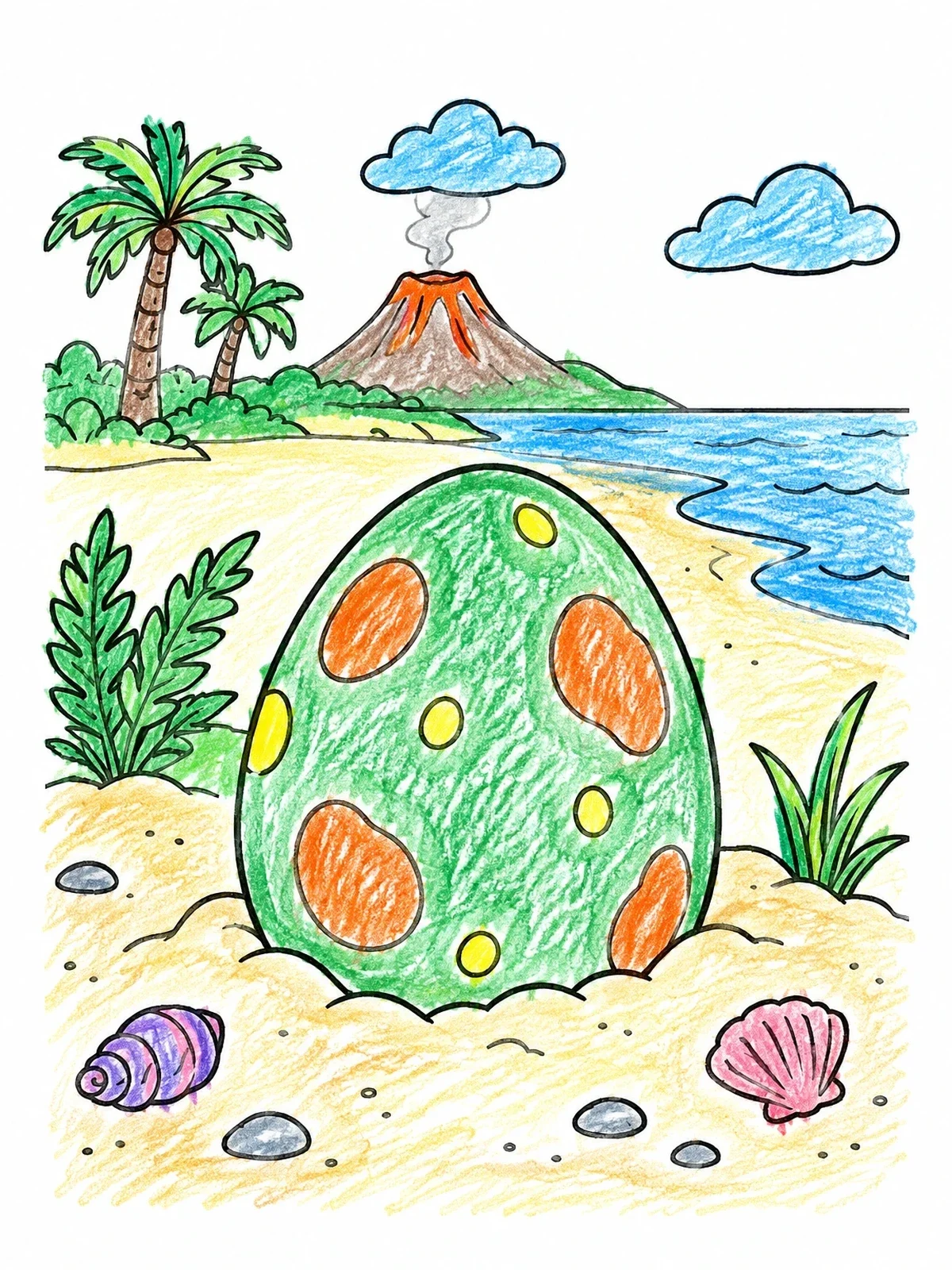 Colored example of the Dinosaur Egg On Tropical Beach coloring page