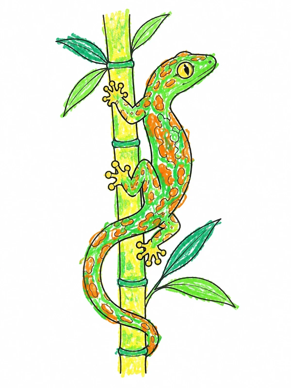 Colored example of the Spotted Gecko Climbing Bamboo Stalk coloring page