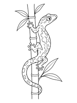 A spotted gecko climbing up a bamboo stalk on this detailed gecko coloring page.