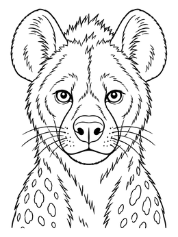 Detailed hyena coloring page featuring a front-facing head and spotted shoulders.