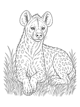 A detailed hyena coloring page featuring a spotted hyena resting peacefully in grassy terrain.