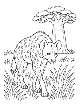 A wild spotted hyena prowls past grass with a baobab tree in this hyena coloring page.