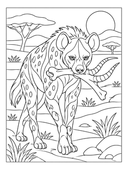 A wild savanna hyena coloring page featuring an animal carrying a bone with horns.