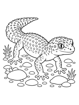 A friendly leopard gecko coloring page crawling over smooth pebbles in the desert.