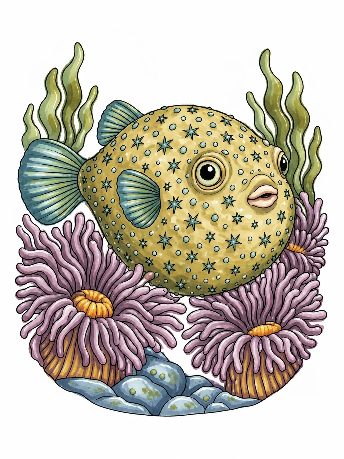 Colored example of the Spotted Pufferfish And Sea Anemones coloring page