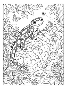 A cheerful spotted salamander coloring page perched on a mossy forest stone.