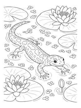 A spotted salamander coloring page paddling across a pond filled with blooming water lilies and lily pads.