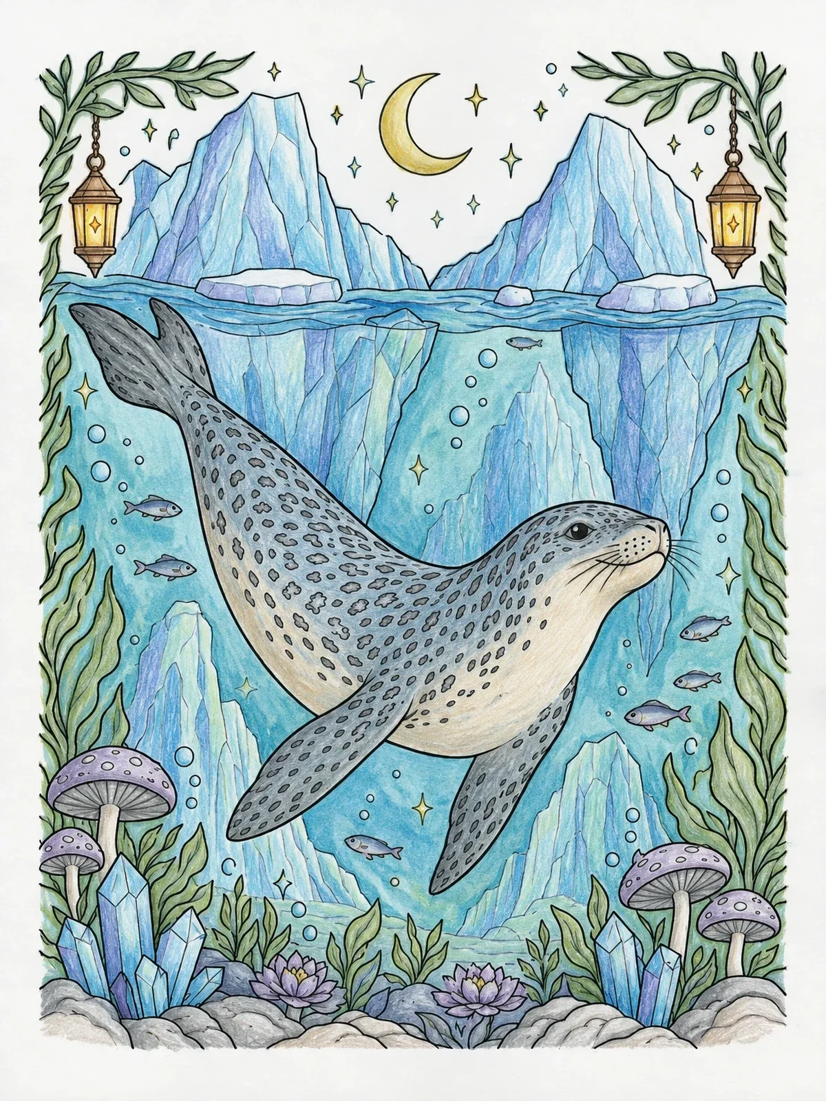 Colored example of the Spotted Seal Swimming In Frozen Waters coloring page