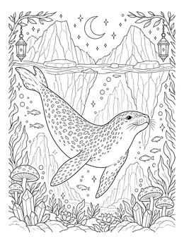 A patterned seal swims underwater beneath icebergs and stars in this seal coloring page.
