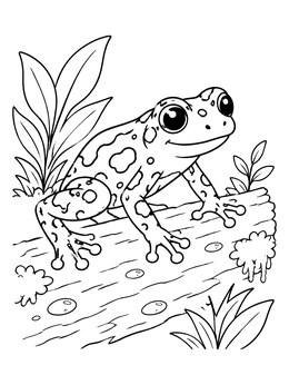 A cute spotted frog coloring page sitting on a fallen log in nature.