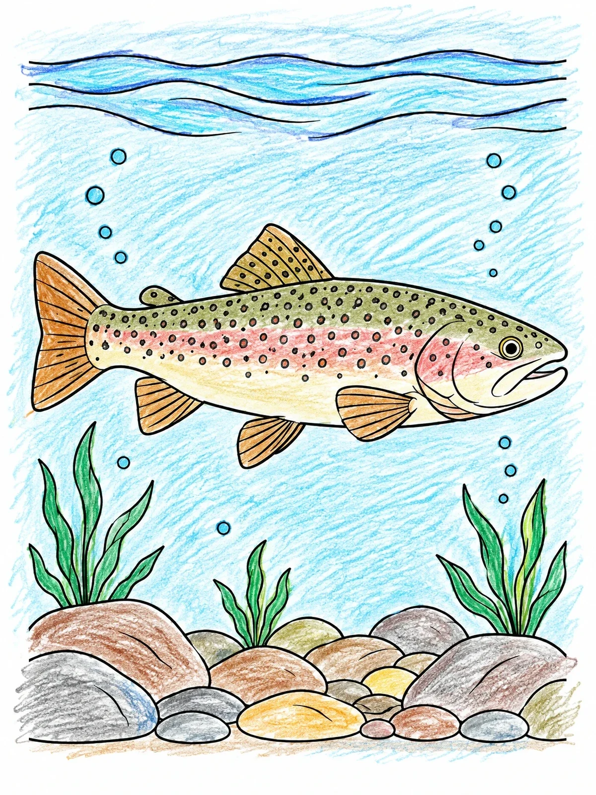 Colored example of the Spotted Trout In Clear Riverbed coloring page