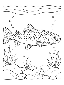A detailed trout coloring page showing a spotted fish swimming over smooth river stones.
