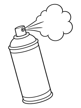 A tilted spray paint can coloring page with a puffy spray cloud emerging from the nozzle.
