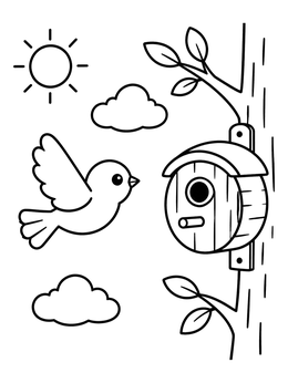 Free printable Bird Flying To Wooden Birdhouse coloring page