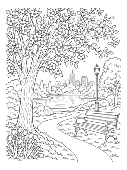 A blooming park path and skyline feature in this spring tree coloring page.