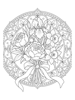 An intricate spring flowers coloring page with a tied bouquet of peonies and daffodils.