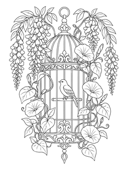 A decorative birdcage with a small bird surrounded by vines in this spring flowers coloring page.